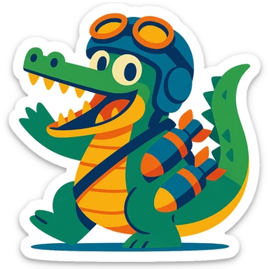 a crocodile with a pilot helmet and bomb accessories, energetic, fun illustration, vibrant colors sticker