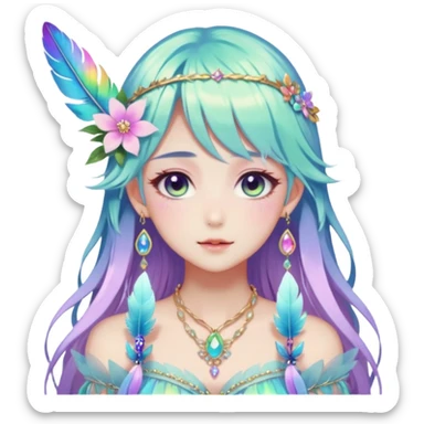 Beautiful gorgeous anime lady with beautiful iridescent-special-hair, fashion aesthetic, ethereal, fairycore, pastelcore, feather, flower, gems, accessories, jewelries, gold, colorful sticker