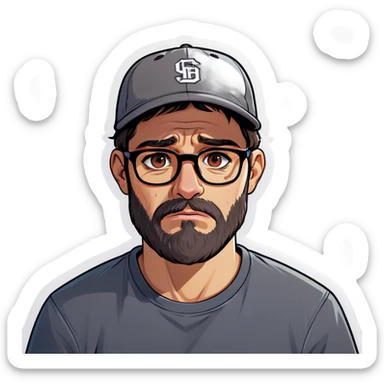 A man with a grey baseball cap, hazel eyes, big dark brown beard and glasses, crying sticker