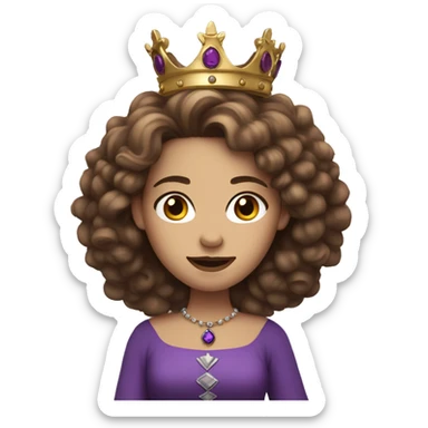 Queen with a purple crown, pale skin, long brown curly hair sticker