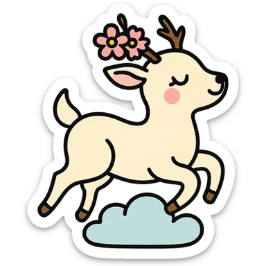 feminine adult vanilla cloud doe with rosy cheeks and cherry flowers, floating gracefully, minimalist style, brand identity, social media sticker