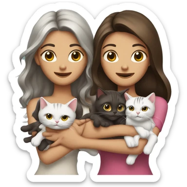 Two ling hair brunettes and three cats in their hands sticker