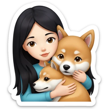 A beautiful girl with long black hair hugs a Shiba Lnu sticker