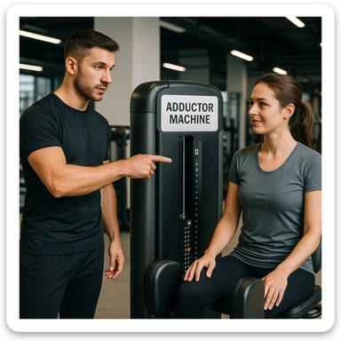 realistic side view of a personal trainer in sportswear pointing to the adductor machine to a client, Italian sign 'Adductor machine' clearly visible, explanatory atmosphere, detailed, modern gym background, 4K quality sticker