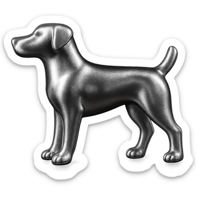               Apply a high-end, photorealistic metallic chrome material to the provided {subject}. The material should have a smooth, slightly curved surface with subtle reflections and soft shadows, resembling brushed or polished silver metal. Preserve the exact shape, proportions, and design of the original object. Set it against a solid black background (#000000) in 8K resolution. The lighting should enhance the beveled edges and reflective highlights, creating a sleek, premium finish. {subject} = dog pointing left sticker