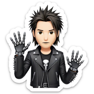 Rocker boy Jonny Silverhand from a game Cyberpunk 2077, modeled after Keanu Reaves, one hand is robotic sticker