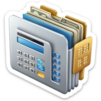 Closed folder icon with small symbols floating around: bank building, credit card, calculator, and document – organized financial archive sticker