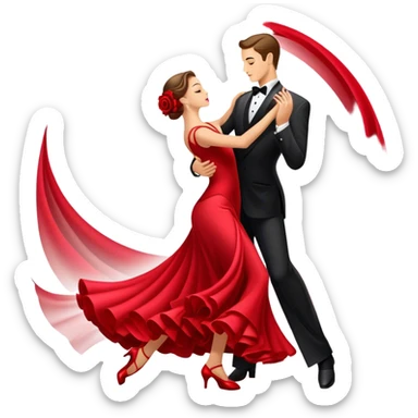 humanless Icon for Ballroom Dancing: a pair of ballroom dance shoes, a rose, a dance floor, a flowing, voluminous ballroom dress in motion, and a shining spotlight. The icon should represent the elegance and atmosphere of ballroom dancing, focusing on the attire and setting. Transparent background. sticker