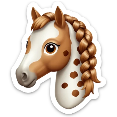 A spotted toy horse with braided mane and friendly expression sticker