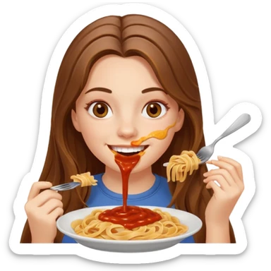 smiling white long brunette hair girl with hazel eyes eating pasta sticker