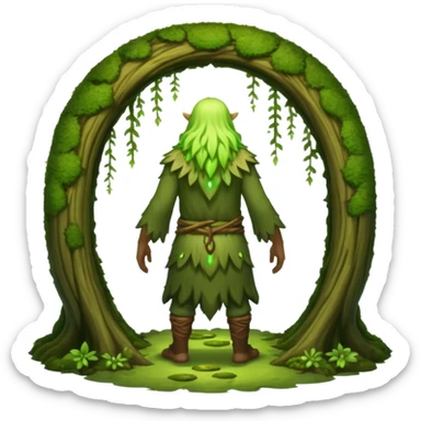 full body moss druid man, from behind walking into glowing forest portal sticker