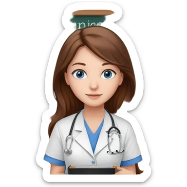 university classroom that says nursing school on the blackboard with a pretty female nursing student with long brown hair, blue eyes sticker