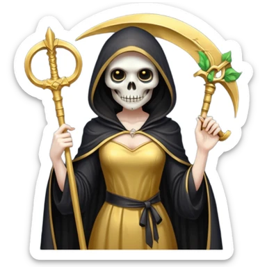 feminine grim reaper in a gold with scythe sticker
