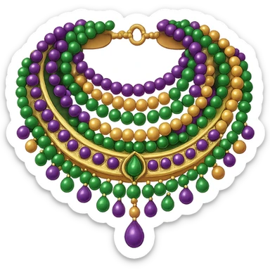 Add Mardi Gras beads to the simple collar while keeping the basic purple, green, and gold ruffles. The style should resemble emoji style with a transparent background. sticker