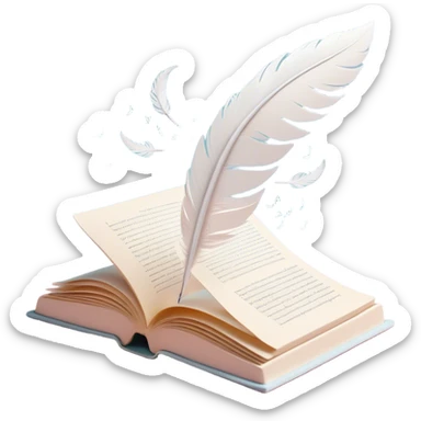 Create a delicate and poetic emoji representing poetry. The design should feature several elegantly flying pages with short poetic columns written on them. The pages should appear light and flowing, almost as if being carried by the wind. Include a white feather gently resting on the pages, symbolizing creativity and inspiration. Use soft, pastel tones to give it a dreamy, artistic feel. The design should feel ethereal and whimsical, capturing the essence of poetry. Make the background transparent. sticker