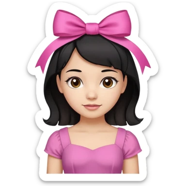 Beautiful girl with short black hair in a half-up half-down hairstyle with pink ribbon tying the top half, waves at the ends, brown eyes, light skin, slight smile, and pink dress sticker