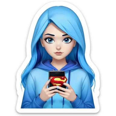 Female-sorry-Very tall-very very very large chest-texting on a samsung cell phone-very long straight black to sky blue hair ombre-blue eyes-black eyeliner-long eyelashes-hoodie with glitter superman logo-leggings-lippierced sticker