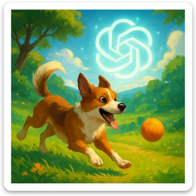 gpt image logo on the background of a dog chasing ball sticker