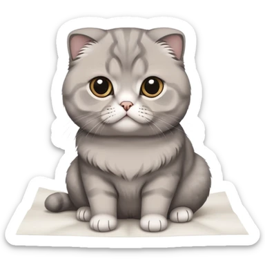 a gray Scottish fold sits on a piece of paper sticker