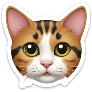 young striped calico cat face with a pink nose, white chin, green eyes, and orange/brown markings, orange tip on one ear sticker