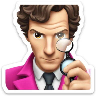 Benedict Cumberbatch-like Sherlock Holmes all in all intensive pink suit holding magnifying glass, upper body sticker