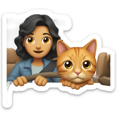 A man with black hair and a woman with light brown hair, along with an orange tabby cat, are traveling in a car. The man is on the driver's side, the cat is in the back seat, and the woman is sitting in the front passenger seat. sticker