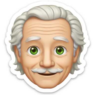 Start with an old man emoji, give it a slight smile and smiling, green-brown hazel colored eyes. The old man has white hair parted in the middle  and swept back on the sides. His hair is shoulder length and turns up in curls at the end.  sticker