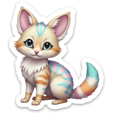  cute adorable whitish pastel fur with random colorful markings iridescent beautiful elegant pretty precious cute  Fakémon-Pokémon-alien-opossum-feline-serval-caracal-chinchilla-Minccino-hybrid-creature with a big fluffy bushy striped tail (full body) sticker