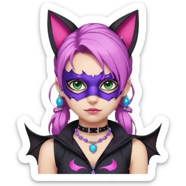 Girl with green eyes, wearing a bat mask with pink stones around her eyes, her hair tied in a ponytail, the hair is purple with blue and pink streaks, with black cat ears with pink stones around, wearing a black shirt that covers the neck, and a sleeveless blue jacket, and a necklace of pink stones sticker