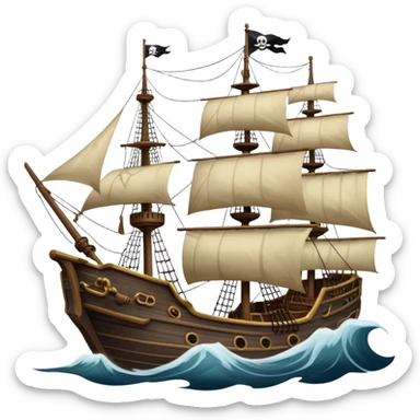 An icon representing an adventure game, inspired by high-seas exploration. The design features a fearless pirate gripping the wheel of a grand sailing ship, its tattered Jolly Roger flag billowing as it cuts through stormy waters. The scene evokes danger, treasure, and the thrill of the open sea. Transparent background. sticker