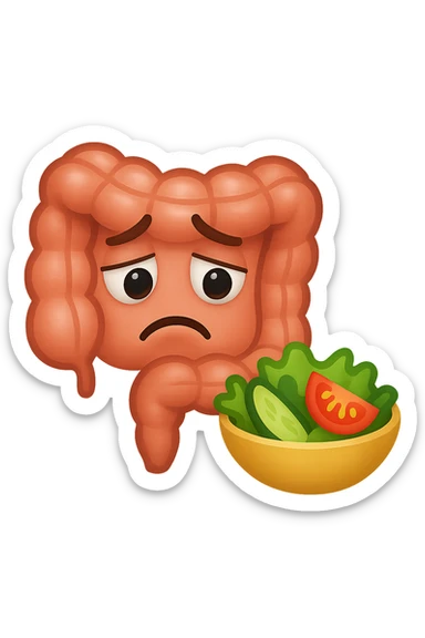EMOJI STILE IPHONE DI UN INTESTINO UMANO ANATOMICO CHE GUARDA UN INSALATA CON ESPRESSIONE TRISTE E RASSEGNATA IN VOLTO: SOFFRE LA FAME PERCHé è A DIETA, FAGLI ANCHE LA PARTE BIANCA DEGLI OCCHI, NON SOLO LE PUPILLE sticker