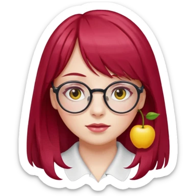 Menina com cabelos longos vermelho Cherry, liso com franja,olho direito ROSA e olho esquerdo amarelo,pele clara e com oculos  sticker