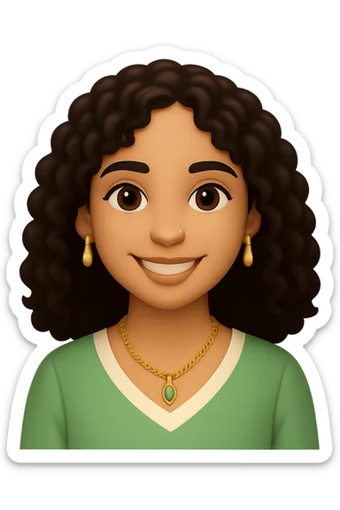 Change the hairstyle of the young woman to curly hair worn loose. Keep her smiling with dark brown hair, brown eyes, nose piercing, wearing a green and cream blouse and a gold necklace. Convey happiness and relaxation. Remove any background, make it transparent. sticker