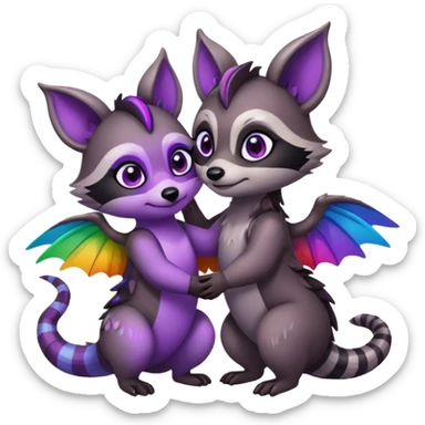 2 black female raccoon dragon hybrids with rainbow colored wings and purple eyes hugging sticker