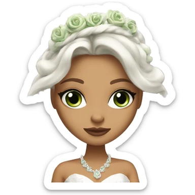 Bratz, bride, brunette wavy long hair, olive skin, green almond cat eyes sticker