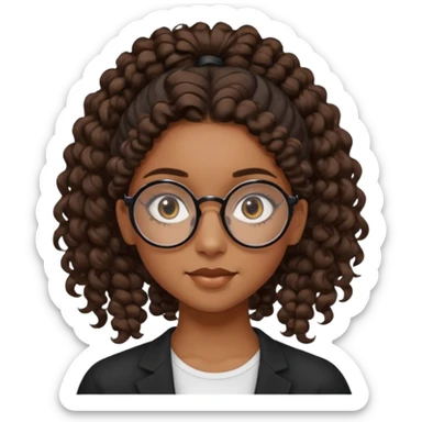 chica morena de ojos claros con gafas negras exagonales redondeadas. y pelo rizado castaño con todo el pelo recogido en una coleta .. Con todo el pelo recogido un clen look solamente una coleta tiene 16 años. hazlo como la segunda imagen pero sin el moño sticker