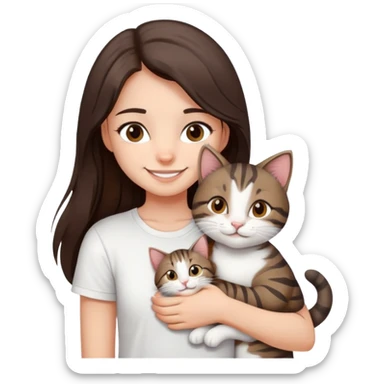 a girl with long dark brown hair, in a
white T-shirt and brown eyes, smile, hugs a tabby
dark grey and white strips one cat sticker