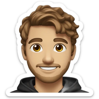 young man with short beard smiling medium long wavy rockabilly style brown hair with light skin and dark brown eyes wearing black sweatshirt hoodie sticker