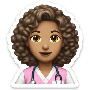Light skin nurse with brown longer curly hair in pink scrubs sticker
