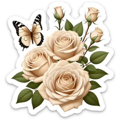 A bouquet of white Ascott tea roses next to a beige aesthetic and a brown beautiful butterfly sticker