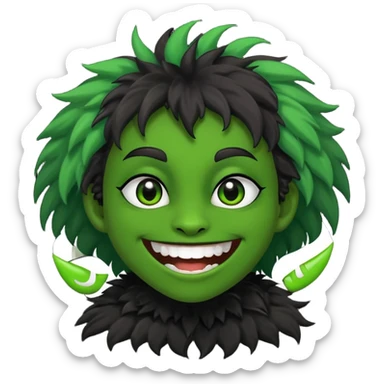 A bald person with green sclera and green teeth, grinning widely. Has fluffy black neck fur, with a fluffy black body sticker