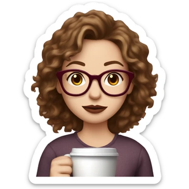 white girl with dark blonde messy hair, freckles on cheeks and nose, wearing burgundy glasses, holding coffee, wearing shirt that says "mom life" sticker