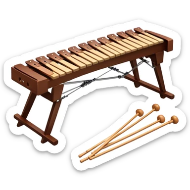Create a detailed and professional emoji representing a Fleet FLT-SX37 orchestral long wooden xylophone. The design should showcase the large, wooden bars of the xylophone arranged in a traditional layout, with a polished, smooth finish. The bars should be dark brown or mahogany, with soft metallic reflections on the resonators underneath. Include two mallets with rubber or wooden heads resting on the bars, emphasizing their role in striking the notes. The xylophone should have a sophisticated and professional appearance, with clean lines and a polished look. Add subtle musical notes or sound waves to represent the vibrant sound produced by the instrument. The background should be transparent. sticker