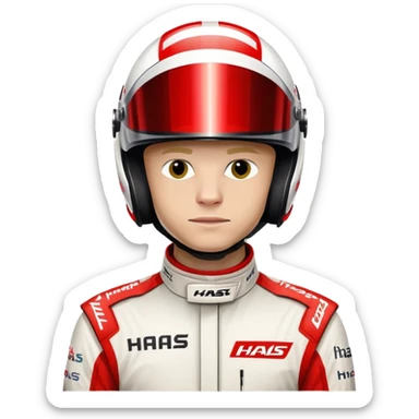 Kevin Magnussen, Formula 1 driver for Haas team, wearing white and red Haas racing suit and helmet sticker