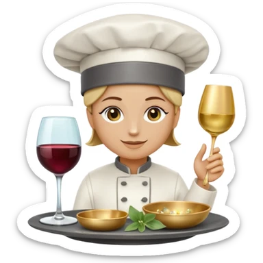6 luxury catering emojis, 'Epicurea' style: minimalist 3D glassmorphism. Sage, wine, slate colors. Icons: gold chef hat, wine glass, gourmet dish, sparkles, silver tray, 'E' monogram. Clean, professional, transparent BG. sticker
