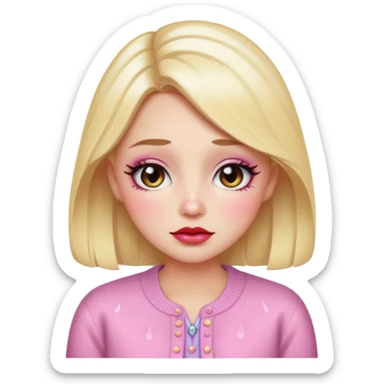 “Emoji girl, dewy skin, heavy blush across cheeks and nose bridge, glossy cherry lips, soft eyeliner, teary sparkling eyes, pastel cardigan.” sticker