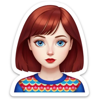 Artistic young woman with pale skin, oval face, large expressive blue eyes with eyeliner, thin arched eyebrows, small nose, full lips with red lipstick, dark auburn hair that's straight with slight waves at ends, straight bangs, wearing a bright colorful patterned top, warm creative expression sticker