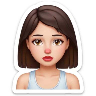 “Emoji brunette girl white tanktop, dewy skin, heavy blush across cheeks and nose bridge, glossy cherry lips, soft eyeliner, teary sparkling eyes like hanni from new jeans sticker