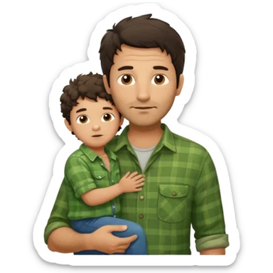 A father with messy medium-length dark hair and light stubble, wearing a green flannel shirt. He holds his one child who has short curly brown hair and a cream-colored romper. Cozy warm lighting, authentic family moment. sticker
