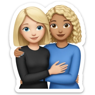 Girl best friends: one taller white girl with straight blond bob and blue eyes, one shorter black girl with long black curly hair, hugging sticker